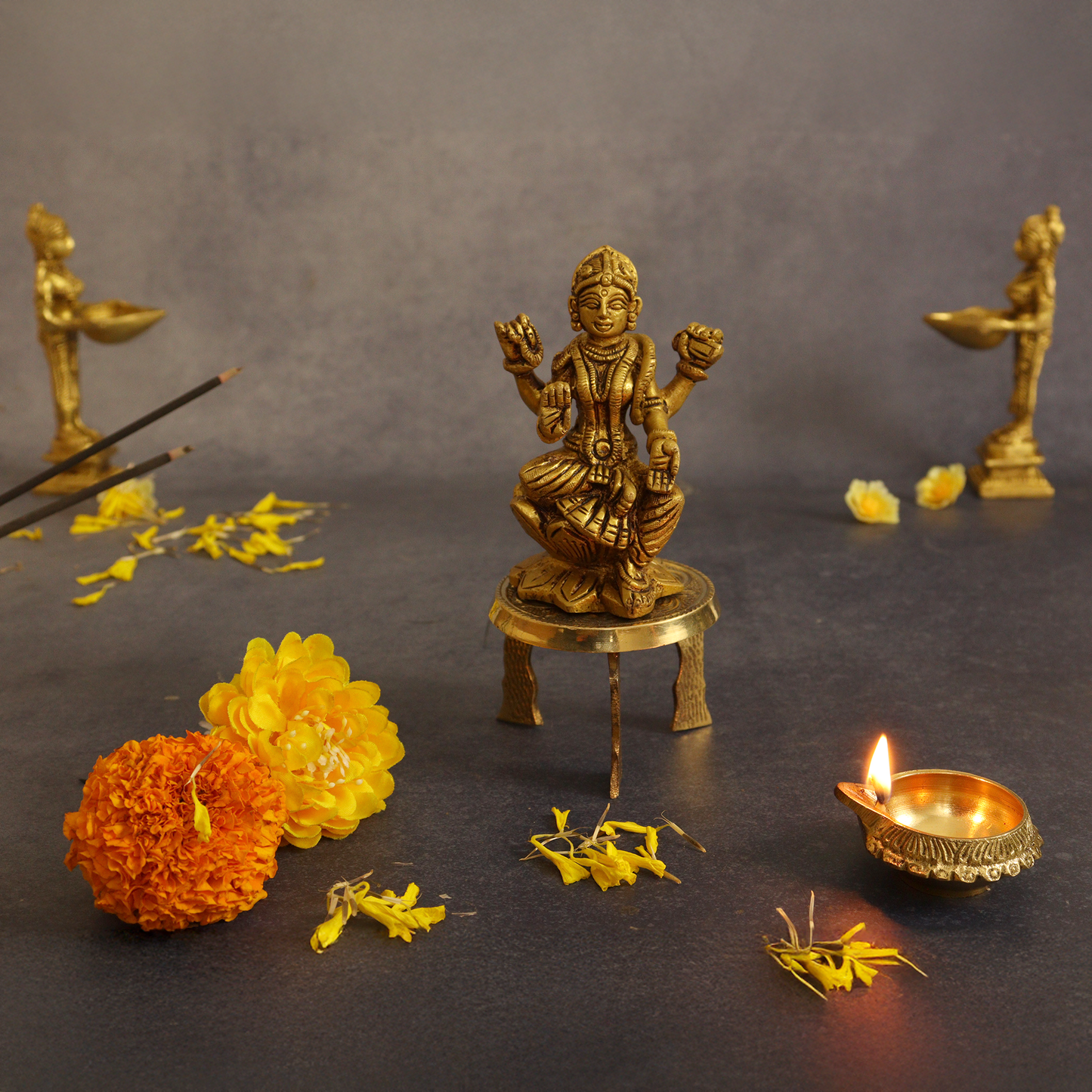 Brass mini chowki/ mukali with floral design