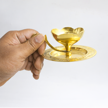 Brass Diya Deepam with Plate & Handle-[Wt: 130g]