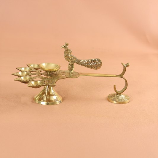 Brass Diya for Pooja-Peacock Five face Diya