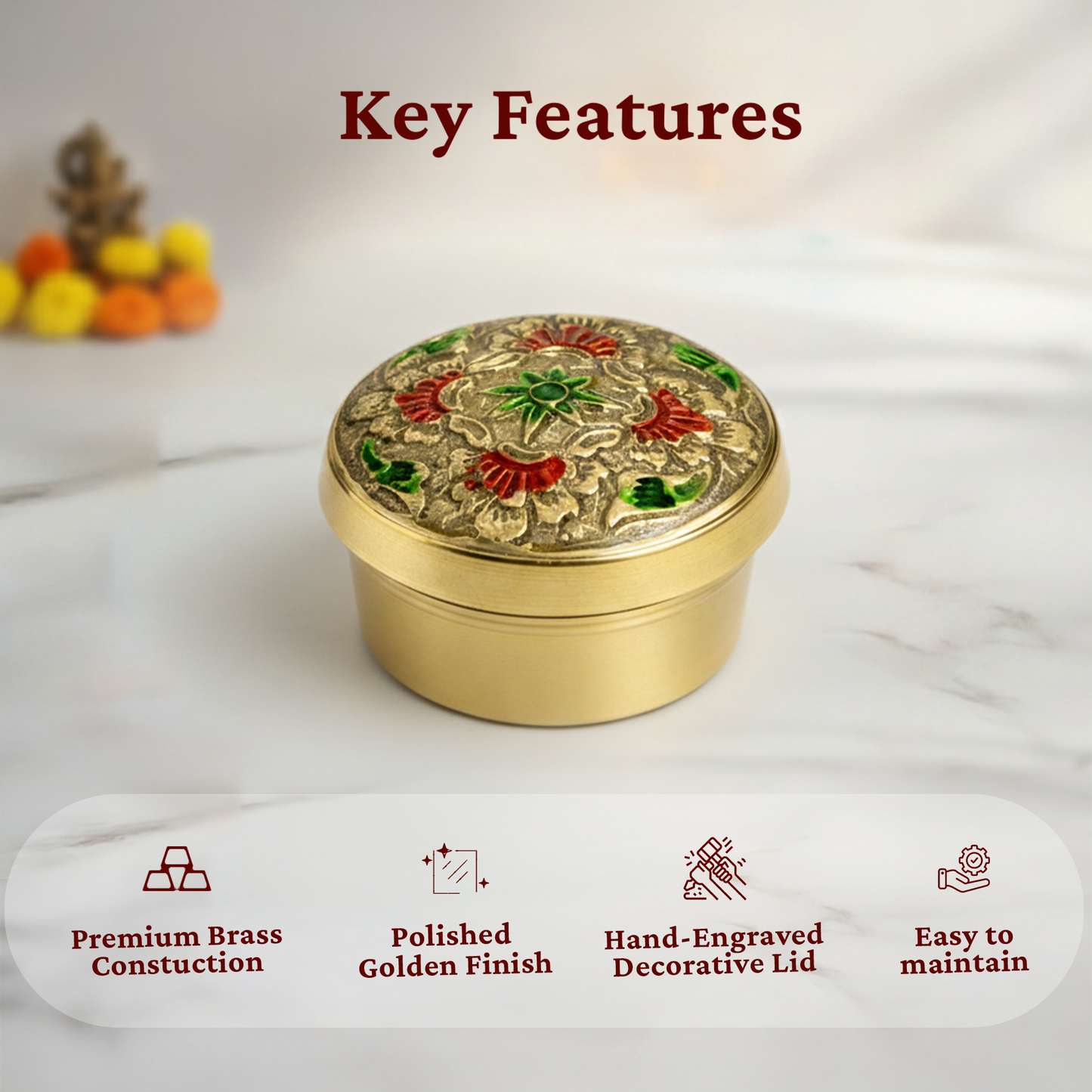 Brass kumkum Box-Flower box (1)