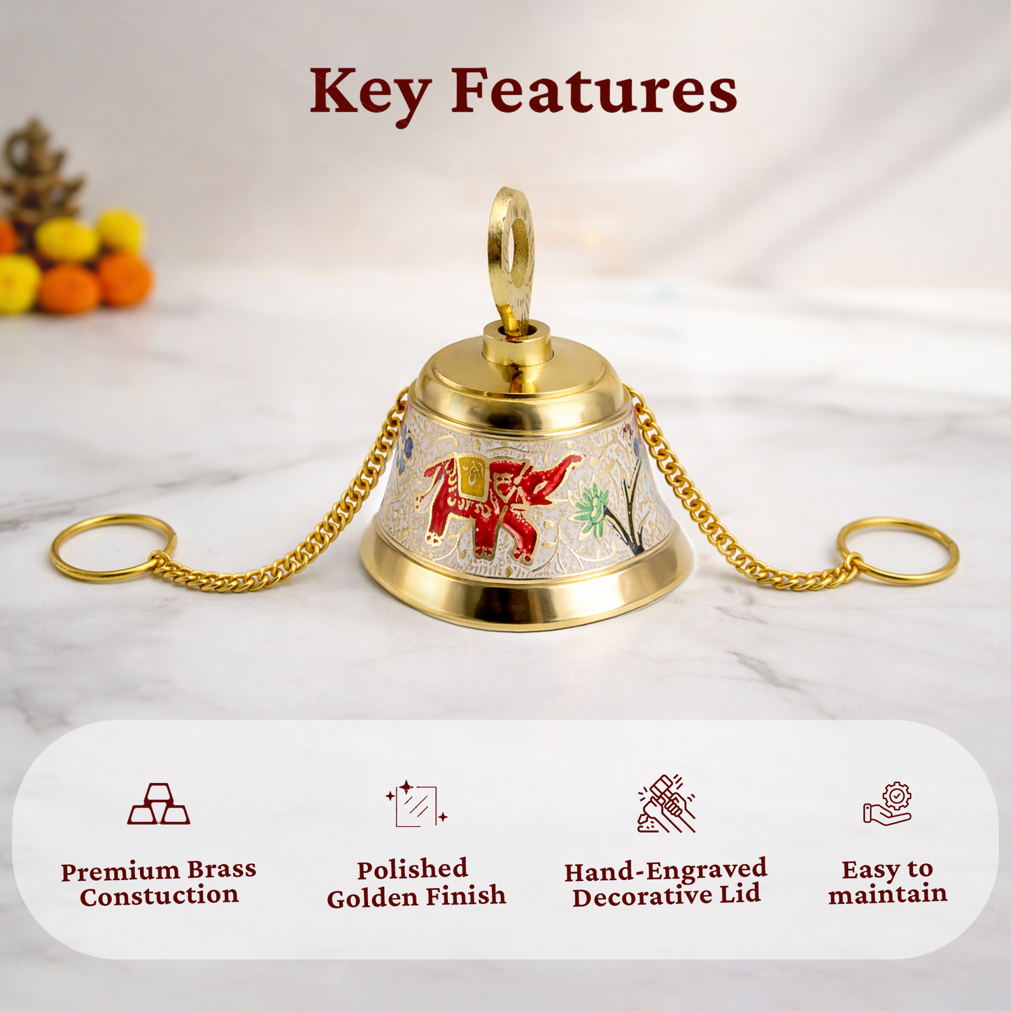Putrika Brass Hanging Pooja Bell with Chain (White)