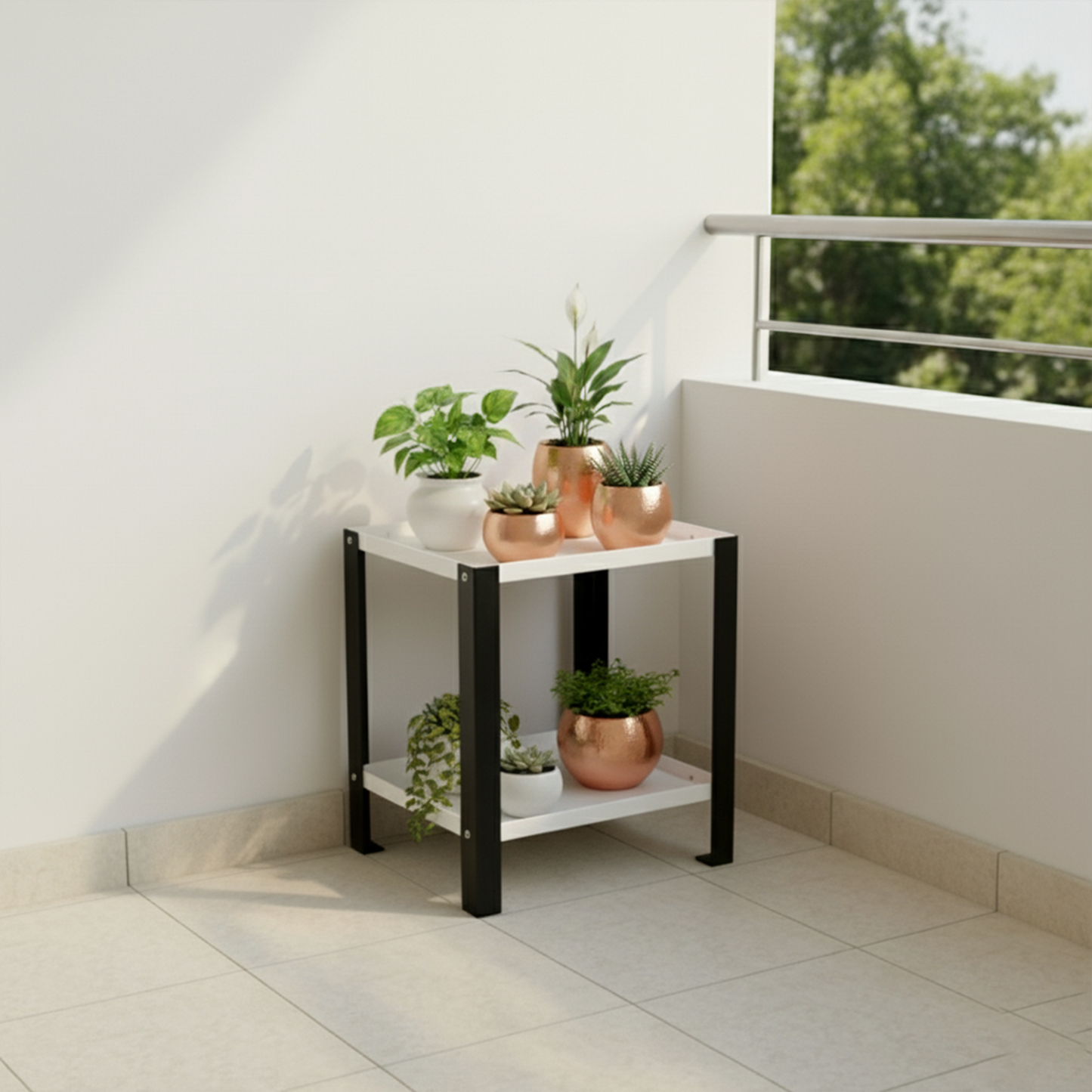 Djuize Pooja Shelf for Home Temple|Elegant Pooja Rack Design with Black Stem & white Shelves|Small Puja Shelf|Pooja Stand Design|Pooja Shelf in Living Room|Puja Room Shelves| Pooja Almirah Design-Metal 2 tier Rack shelf Black stem with white tray