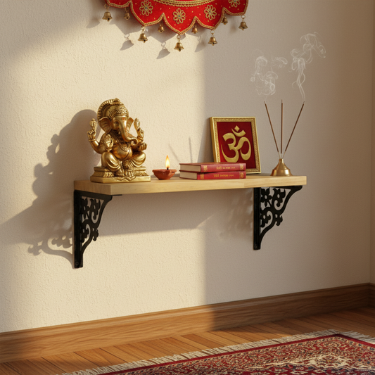 Wooden Pooja Shelf - Triple Floral (Lakdi Puja Shelf Teen Phool)