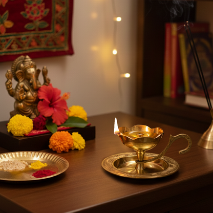 Brass Diya Deepam with Plate & Handle-[Wt: 130g]