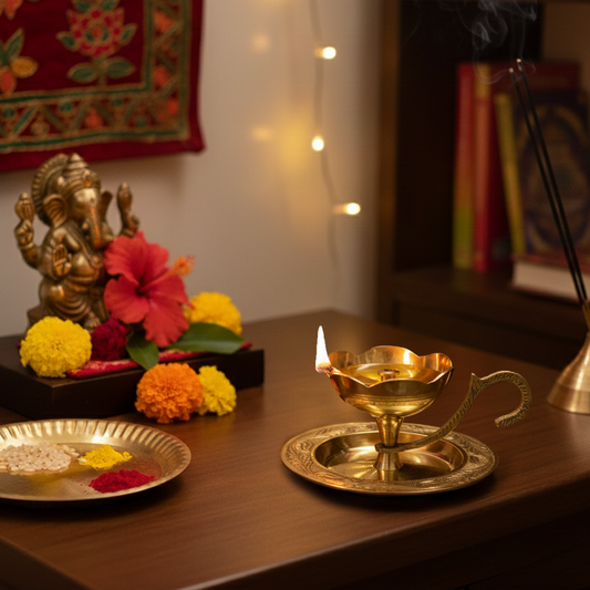 Brass Diya Deepam with Plate & Handle-[Wt: 130g]