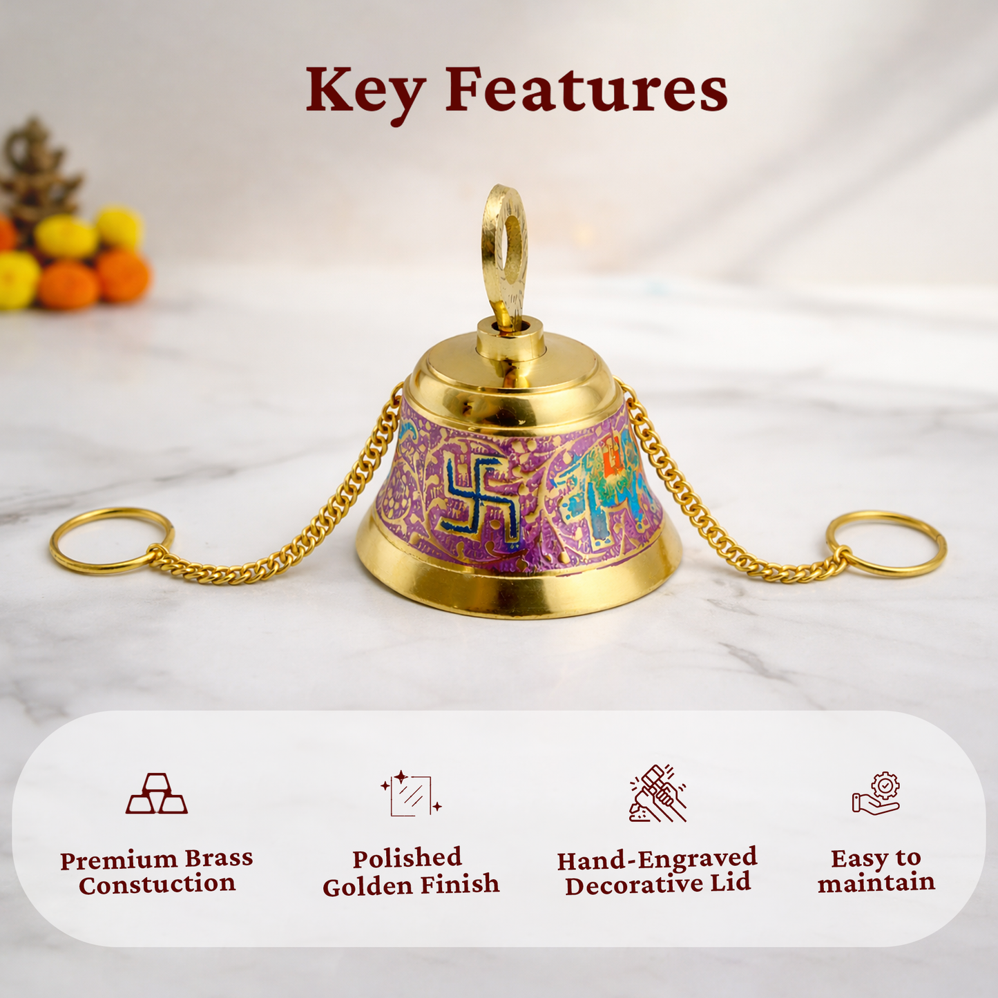 Putrika Brass Hanging Pooja Bell with Chain(Pink)