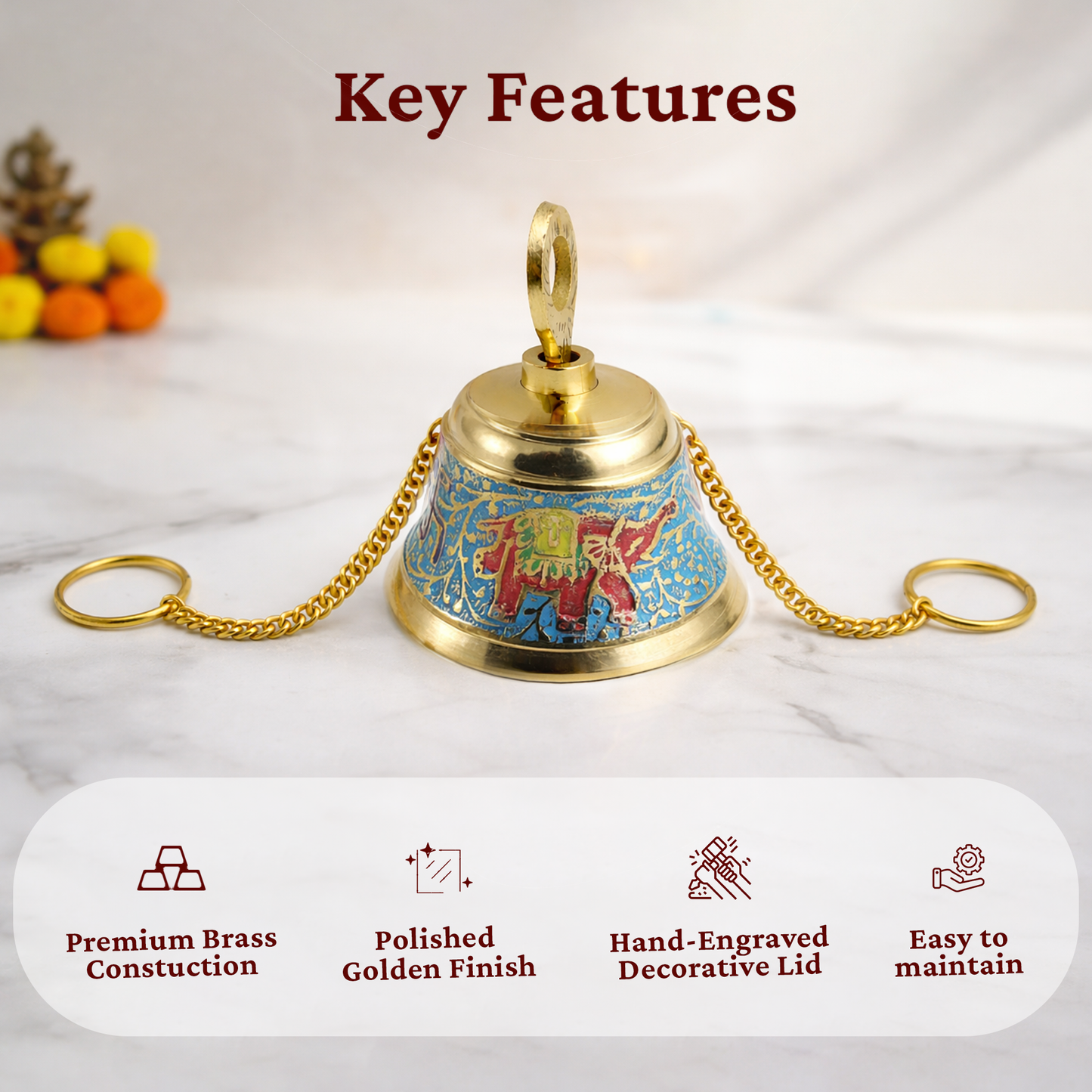 Putrika Brass Hanging Pooja Bell with Chain (Blue)