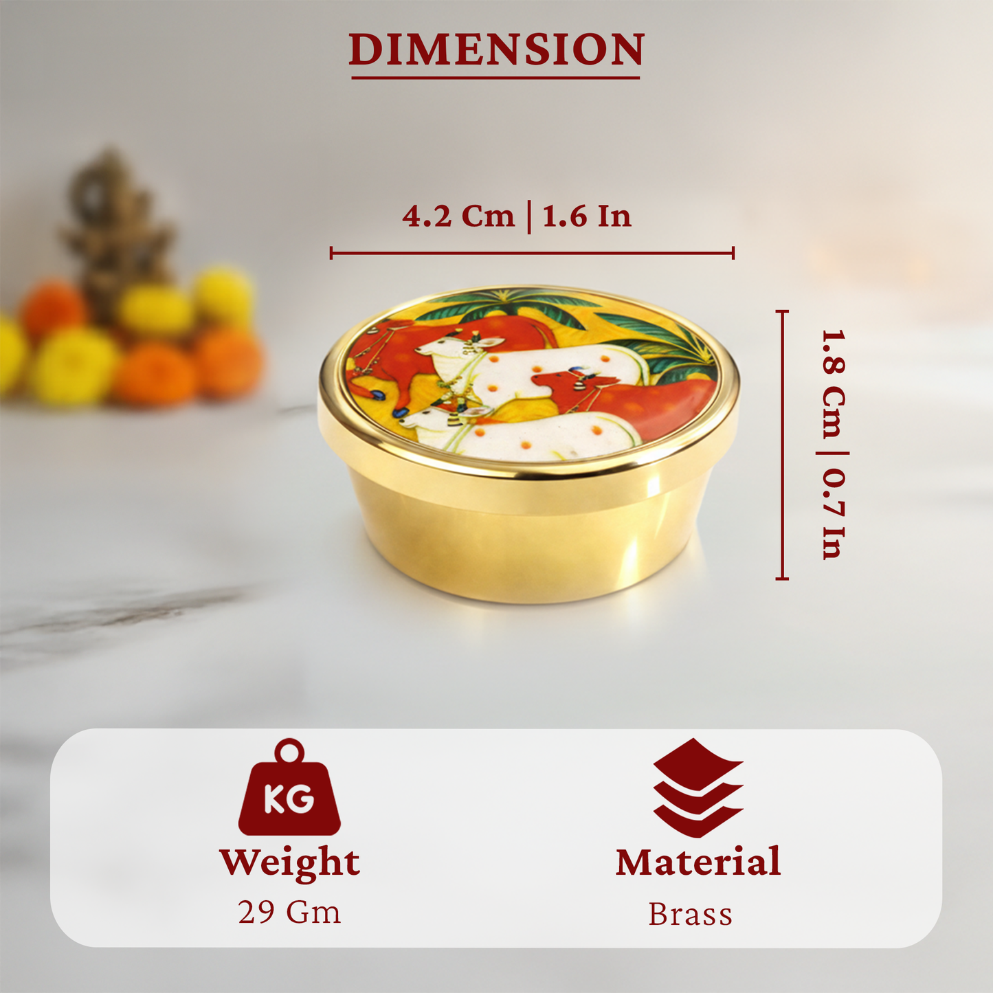 Brass Box Pooja-Gomatha Design Lid (4.7x2 cm) (Small 29g)