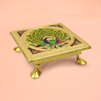 Gold finish Wooden Chowki| Meenakari Peacock Design