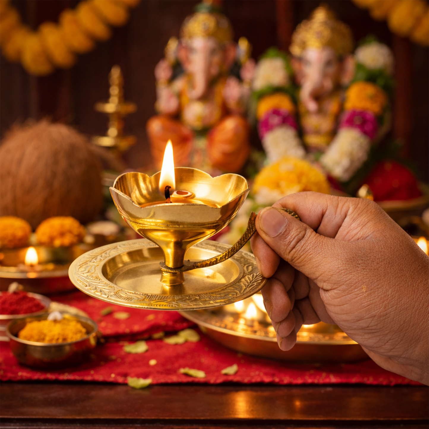 Brass Diya Deepam with Plate & Handle-[Wt: 130g]