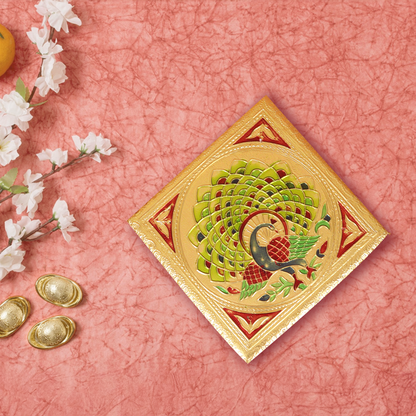 Gold finish Wooden Chowki| Meenakari Peacock Design