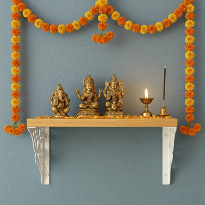 Wooden Pooja Shelf - Triple Floral (Lakdi Puja Shelf Teen Phool)