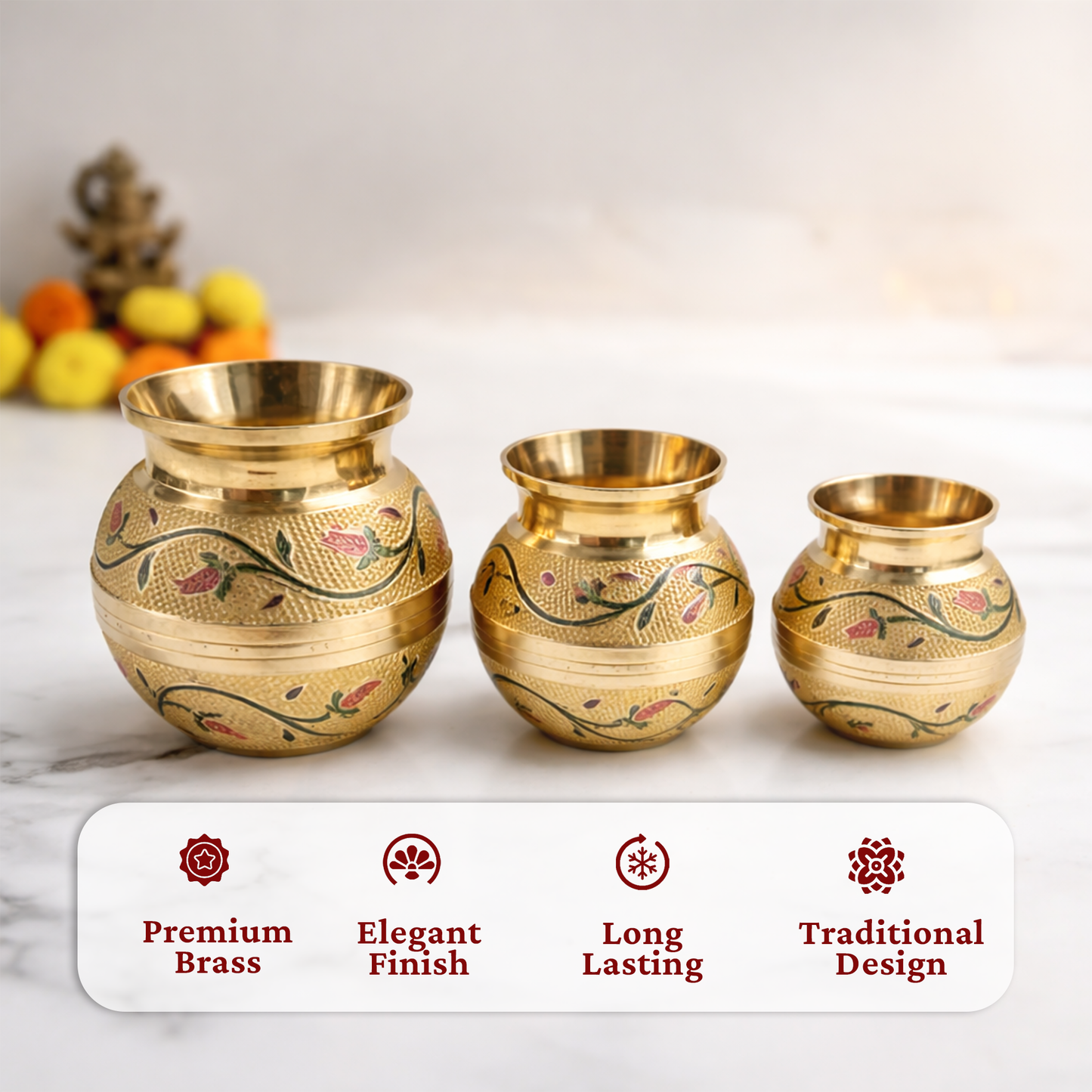 Putrika brass Kudam set of 3-Embossed Kalash (Green)