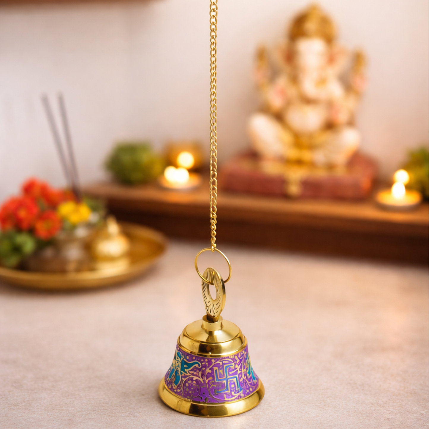 Putrika Brass Hanging Pooja Bell with Chain(Pink)