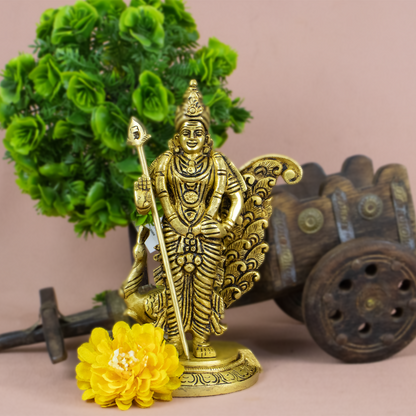 Brass Statue Murugar Peacock with Vel (1.222g) (Pital Kartikeya Mor Murti)