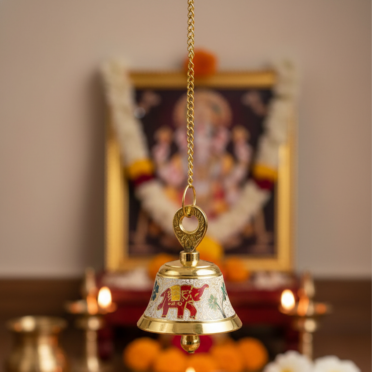 Putrika Brass Hanging Pooja Bell with Chain (White)