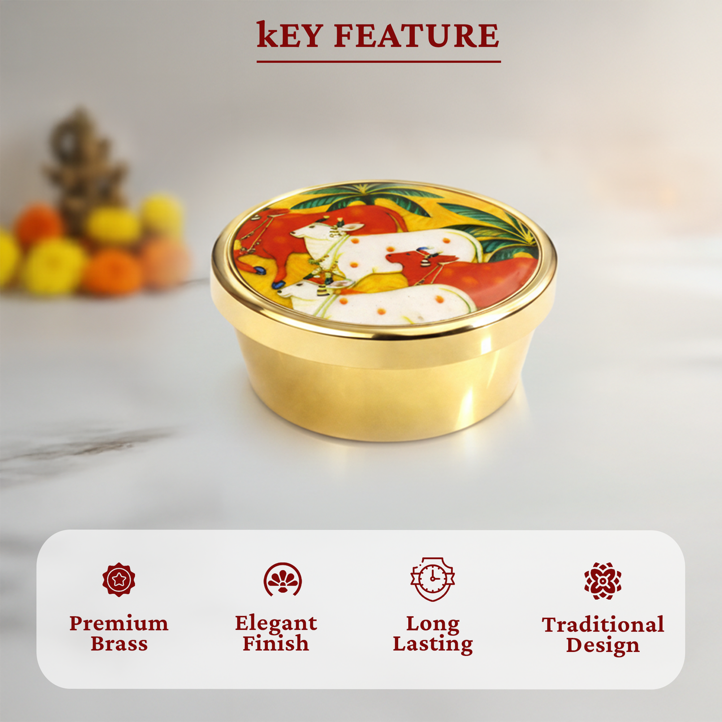 Brass Box Pooja-Gomatha Design Lid (36g, 4.7x2 cm) (Large 36g)