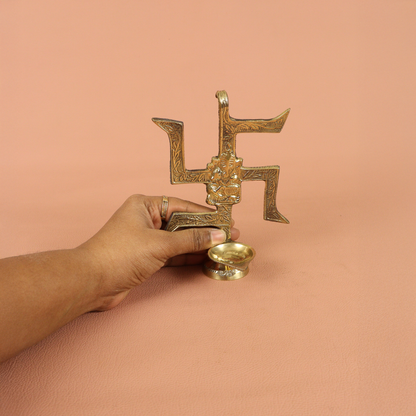 Brass Swastik Ganesh Diya (L.W. Swastik) (Pital Swastik Vinayak Deepak)