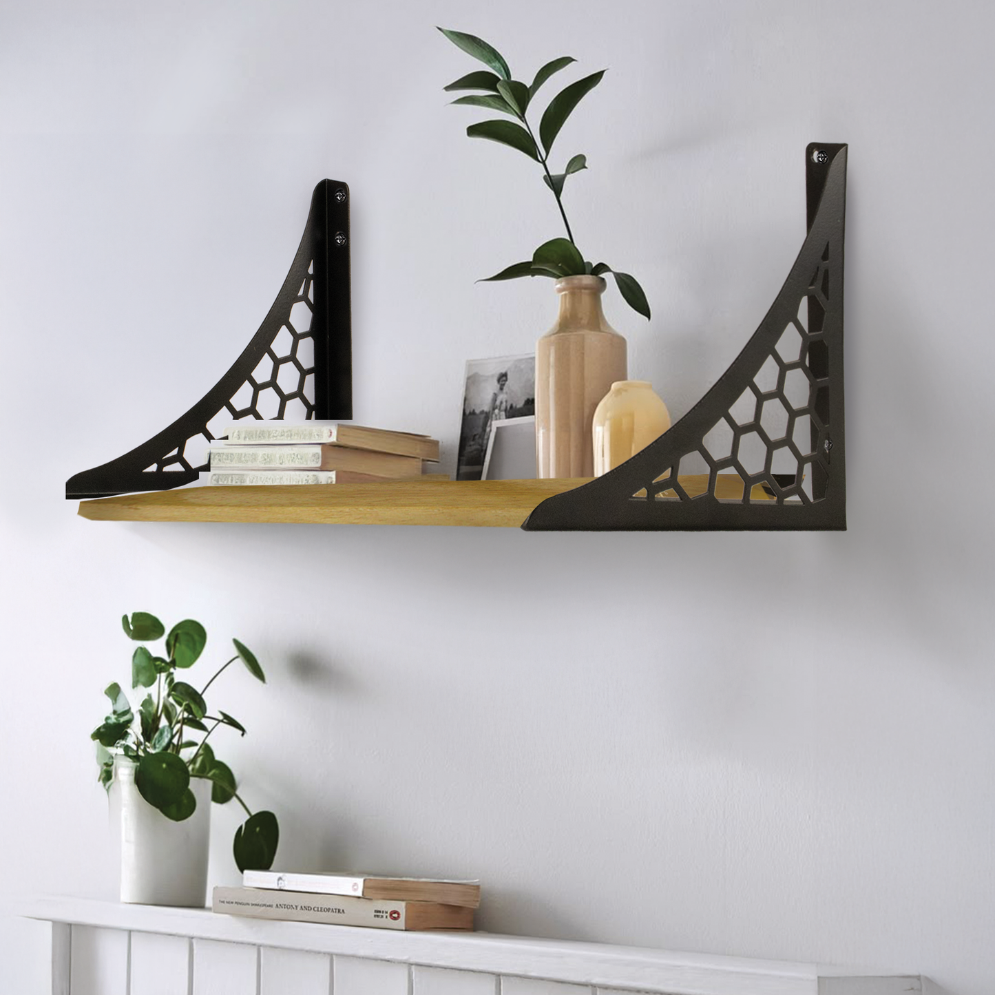 Wooden Pooja Shelf- Hexagon Black (Lakdi Puja Shelf Kala)