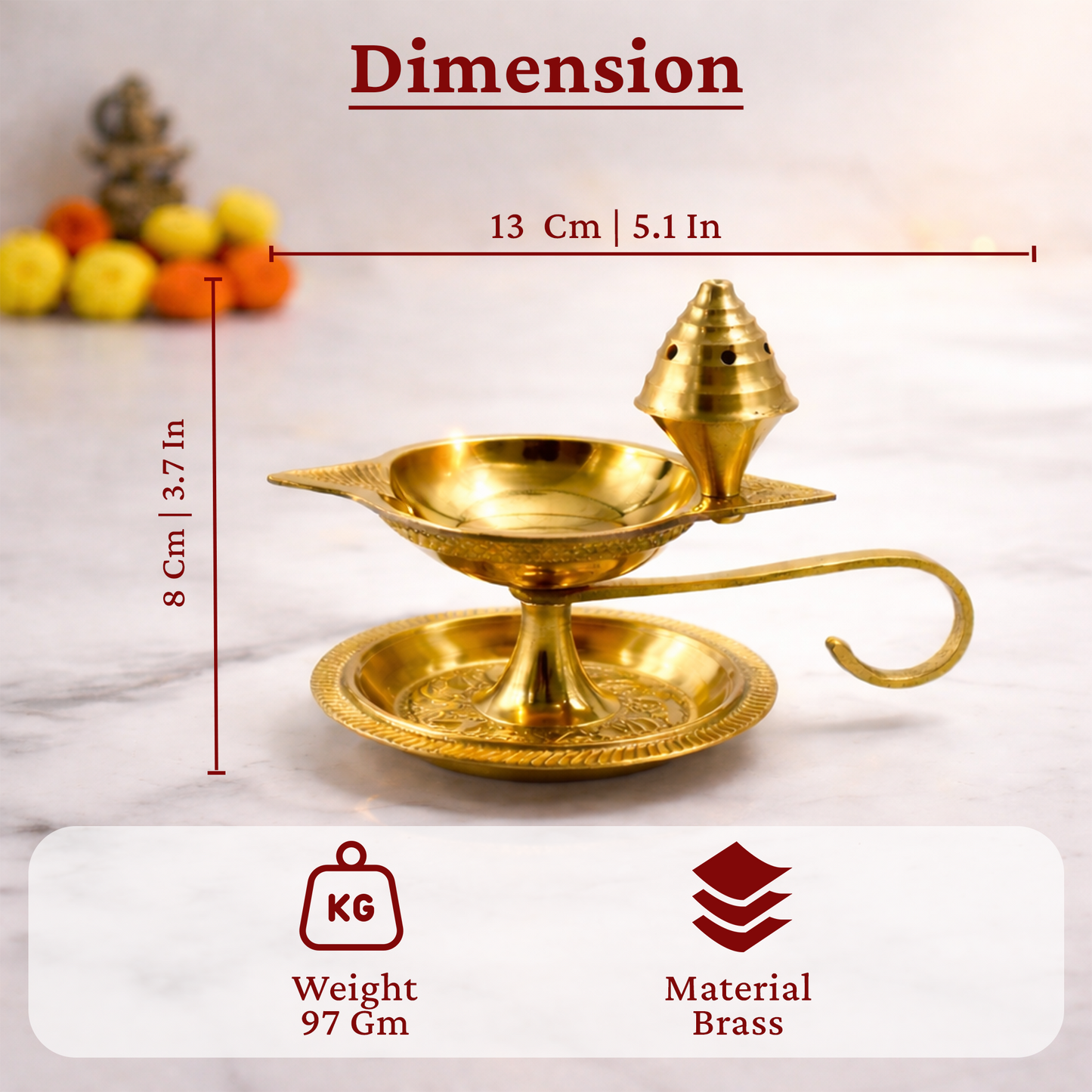 Brass Diya Deepak Deepam with Plate & Incense Holder-97g