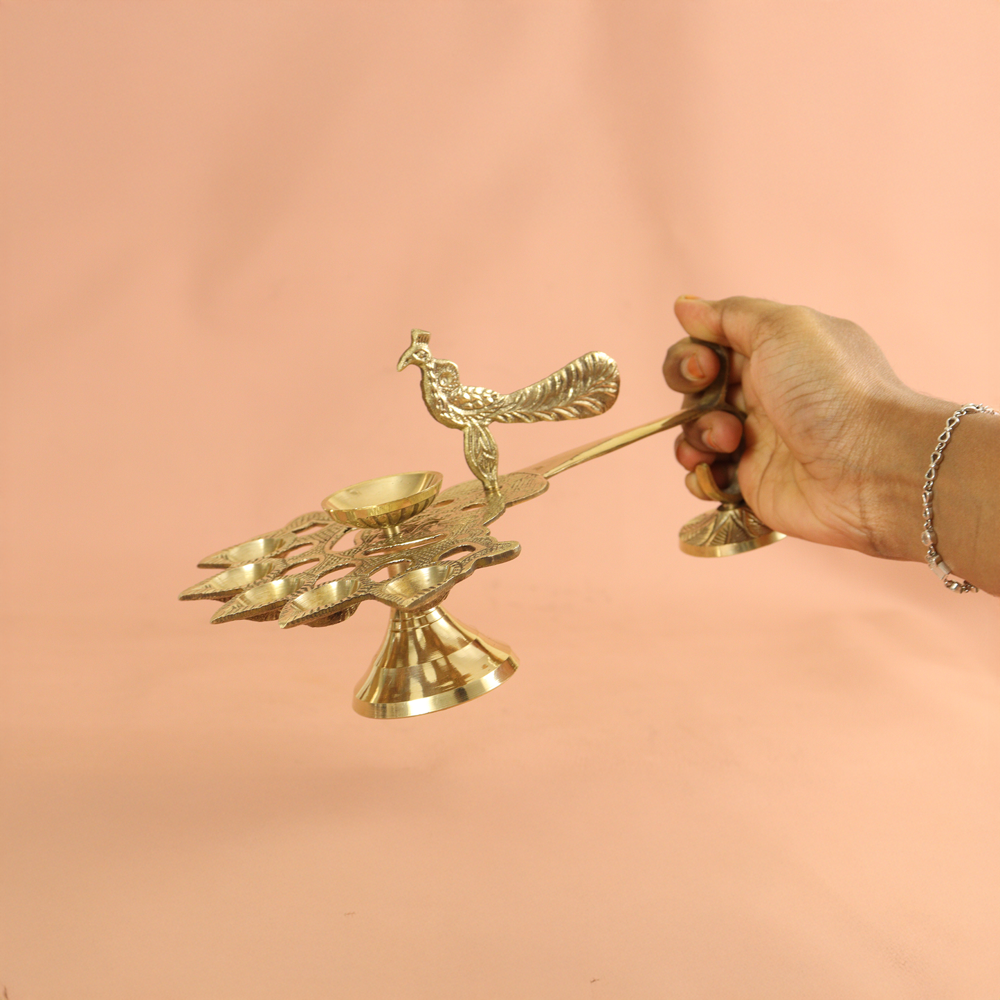 Brass Diya for Pooja-Peacock Five face Diya