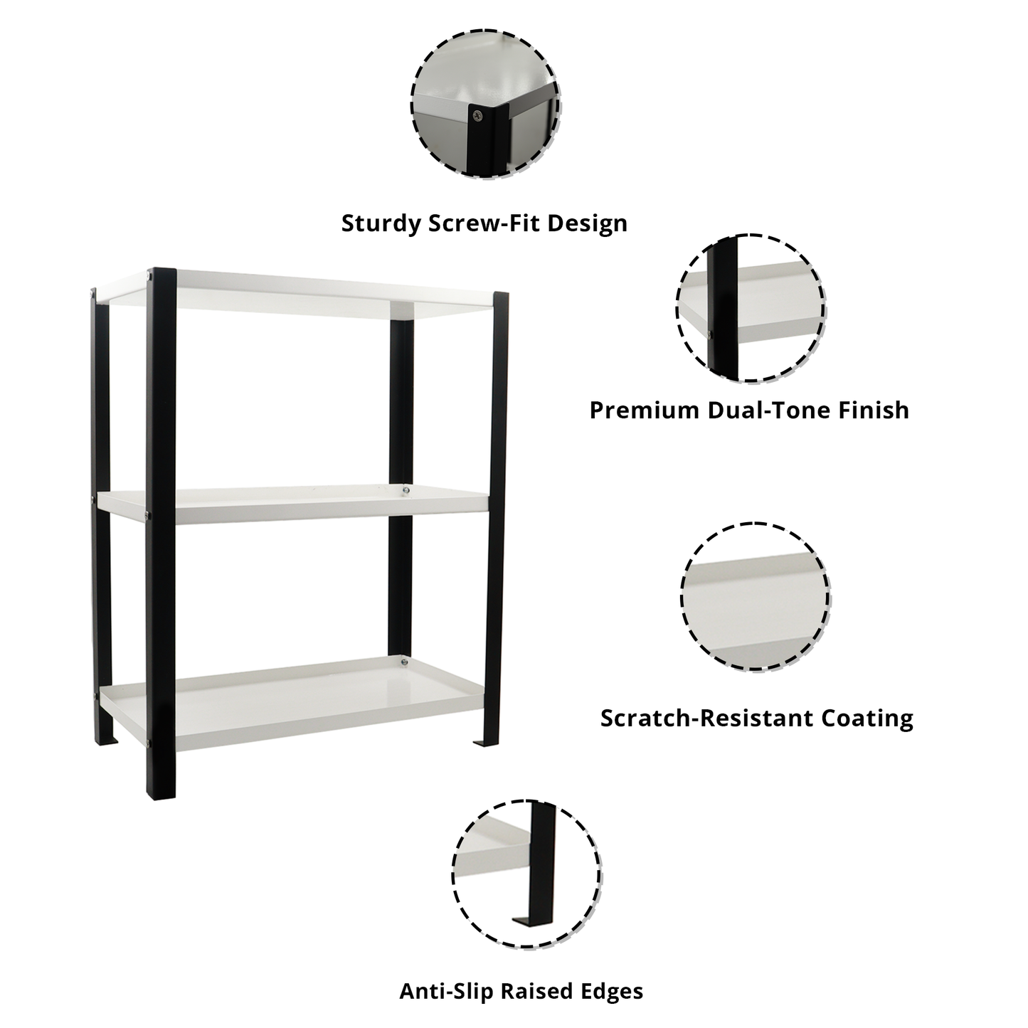 Djuize Pooja Shelf for Home Temple|Elegant Pooja Rack Design with Black Stem& White Shelves|Small Puja Shelf|Pooja Stand Design|Pooja Shelf in Living Room|Puja Room Shelves| Pooja Almirah Design-Metal 3 tier Rack shelf Black stem with white tray