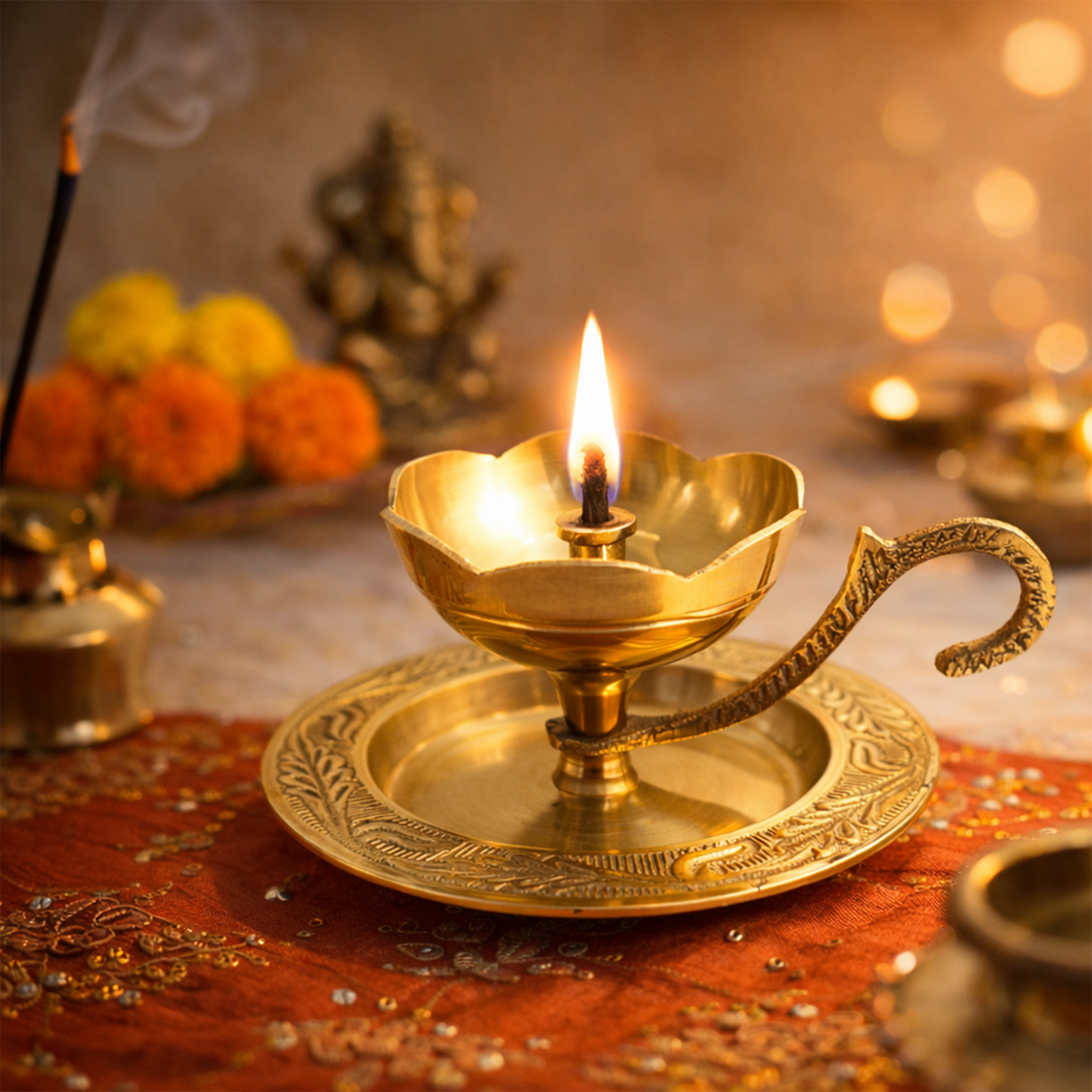 Brass Diya Deepam with Plate & Handle-[Wt: 130g]