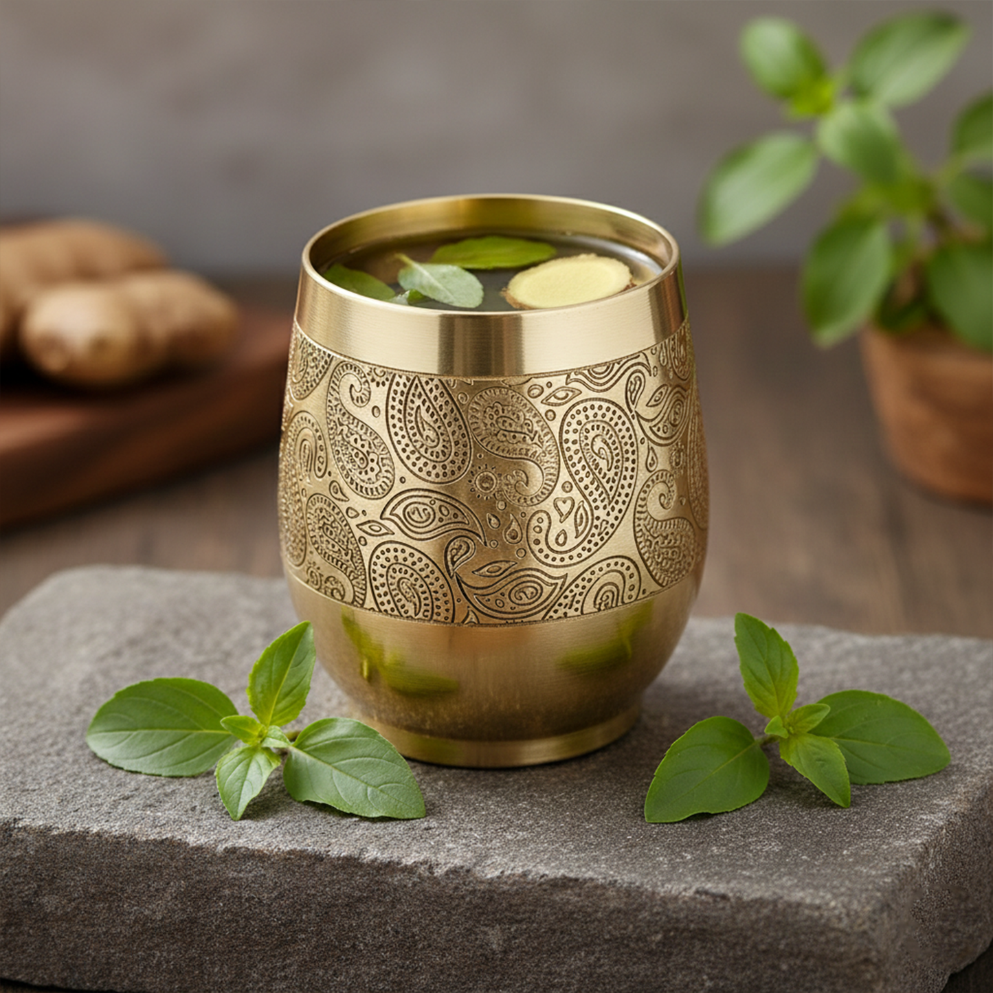 Traditional Handcrafted Brass Etched Glass with Embossed Design-Brass Glass (1)