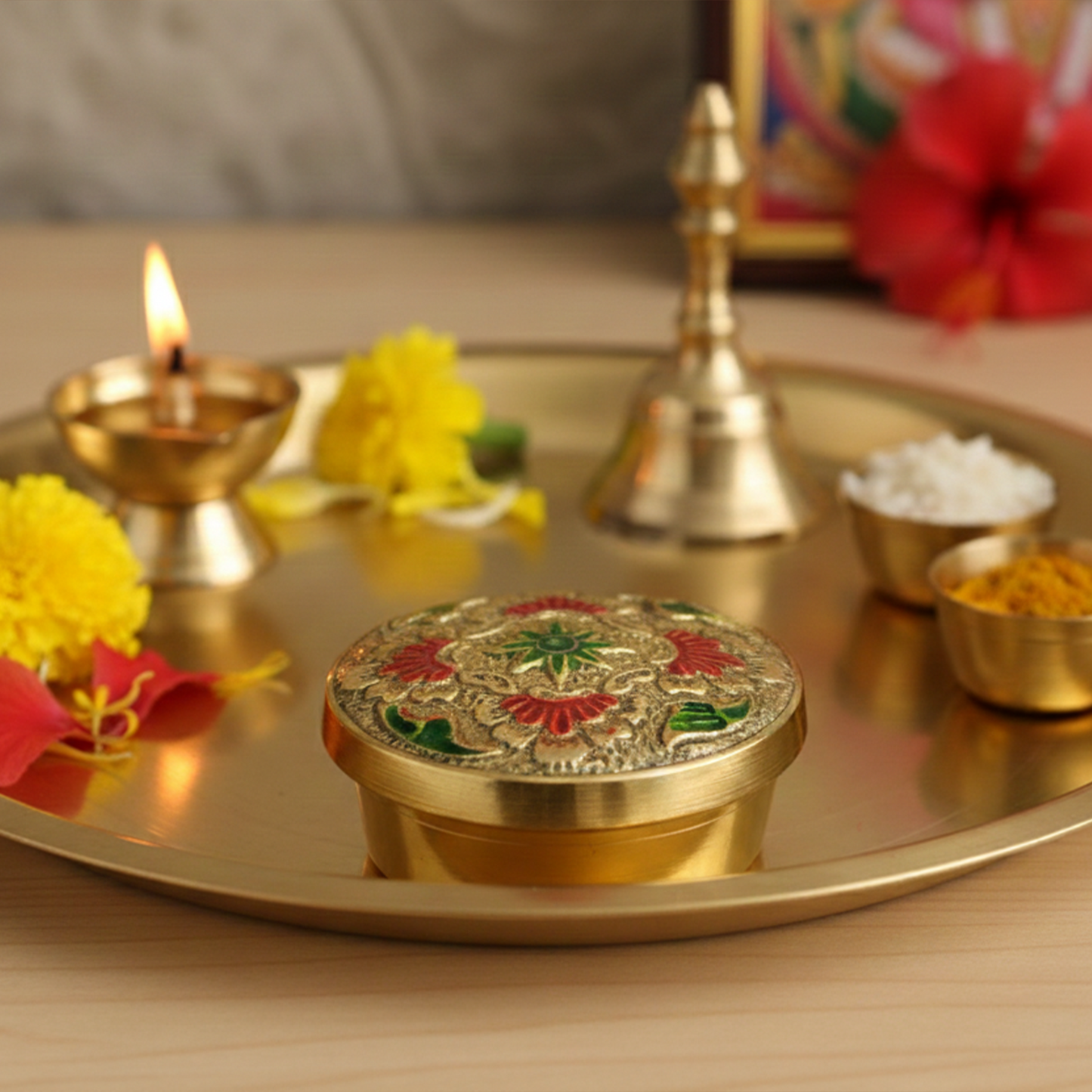 Brass kumkum Box-Flower box (1)