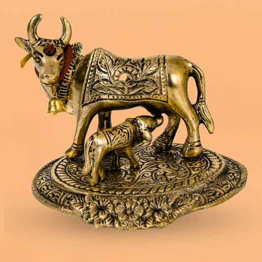 Oxidised Gold Finished Kamadhenu Cow with Calf (Pital Gau Mata / Wish Fulfilling Cow)