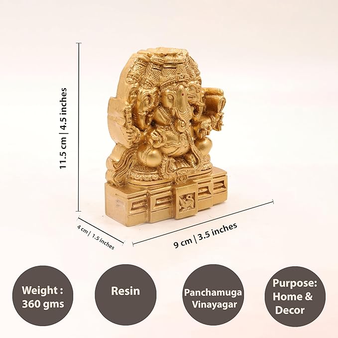 Resin Fiber Panchamuga Vinayagar-Gold (Panch Mukh Vinayak Murti)