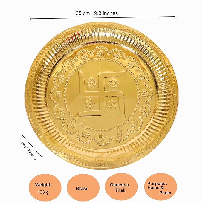 Swastik – Pooja Thali In Metallo Dorato Con 3 Ciotole E 1 Diya – 24 X 24 Cm – Per Preghiere E Cerimonie