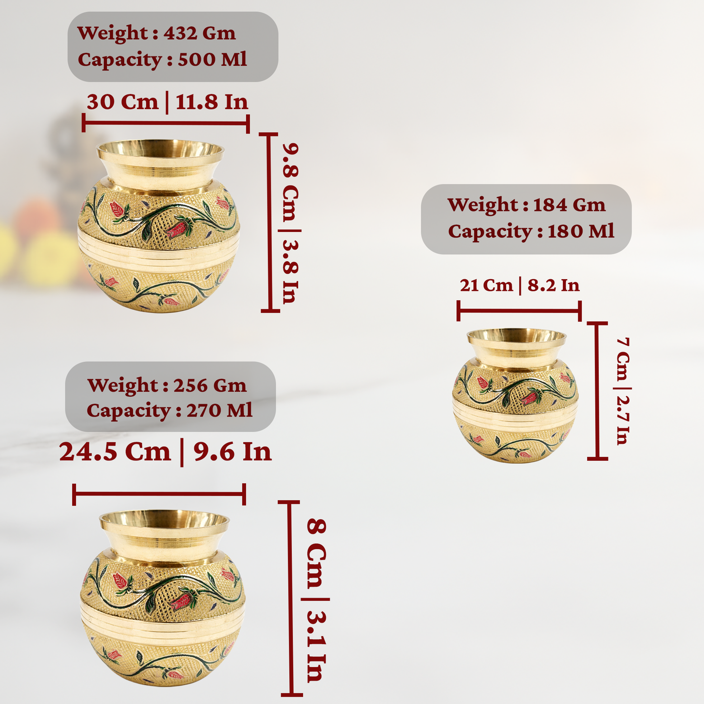 Putrika brass Kudam set of 3-Embossed Kalash (Green)