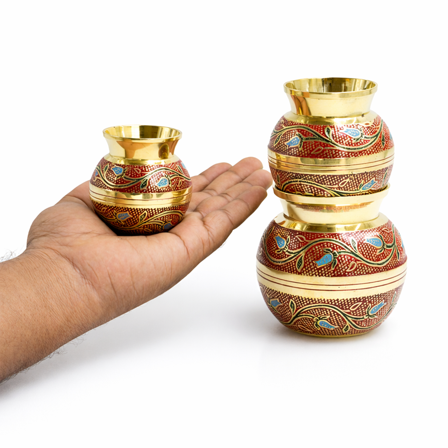 Putrika brass Kudam set of 3-Embossed Kalash (Red)