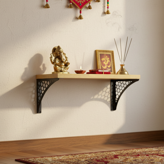 Wooden Pooja Shelf- Hexagon Black (Lakdi Puja Shelf Kala)