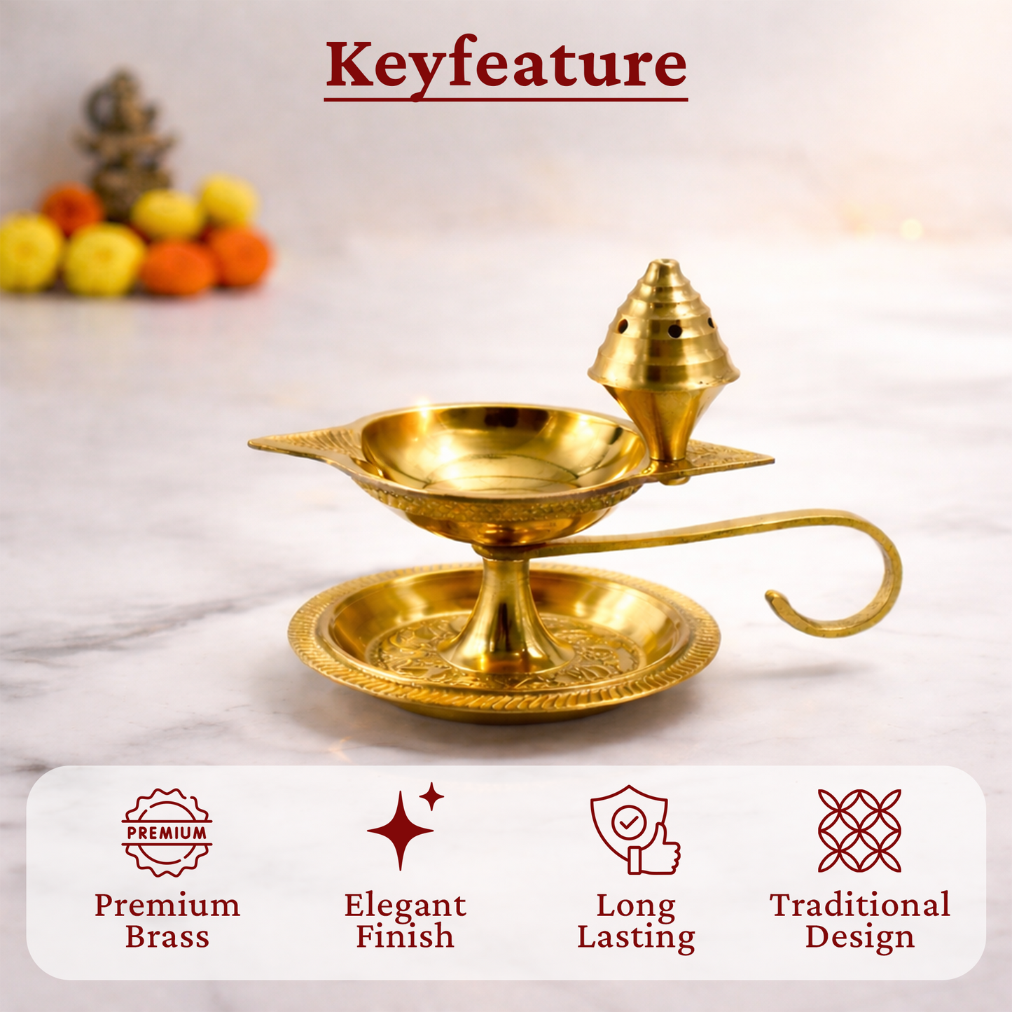 Brass Diya Deepak Deepam with Plate & Incense Holder-97g