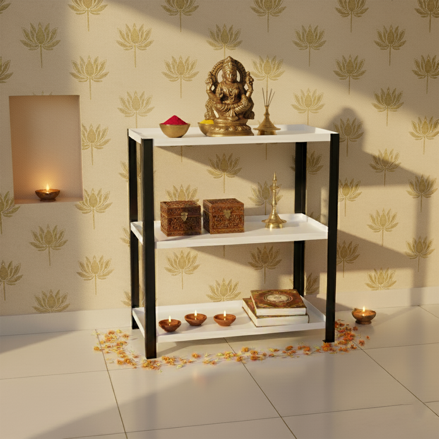 Djuize Pooja Shelf for Home Temple|Elegant Pooja Rack Design with Black Stem& White Shelves|Small Puja Shelf|Pooja Stand Design|Pooja Shelf in Living Room|Puja Room Shelves| Pooja Almirah Design-Metal 3 tier Rack shelf Black stem with white tray