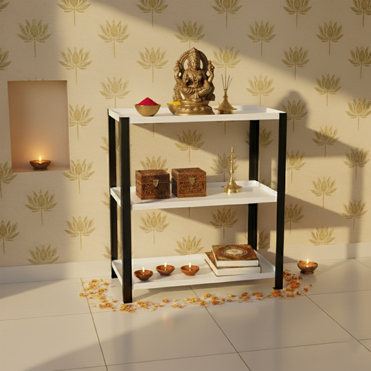 Djuize Pooja Shelf for Home Temple|Elegant Pooja Rack Design with Black Stem& White Shelves|Small Puja Shelf|Pooja Stand Design|Pooja Shelf in Living Room|Puja Room Shelves| Pooja Almirah Design-Metal 3 tier Rack shelf Black stem with white tray