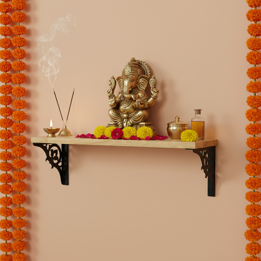 Wooden Pooja Shelf - Single Floral (Lakdi Puja Shelf Phool Design)