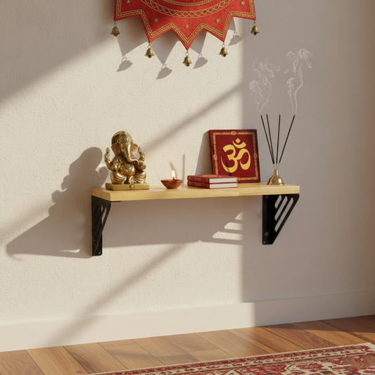 Wooden Pooja Shelf - Lines Brackets Black (Lakdi Puja Shelf Kala)