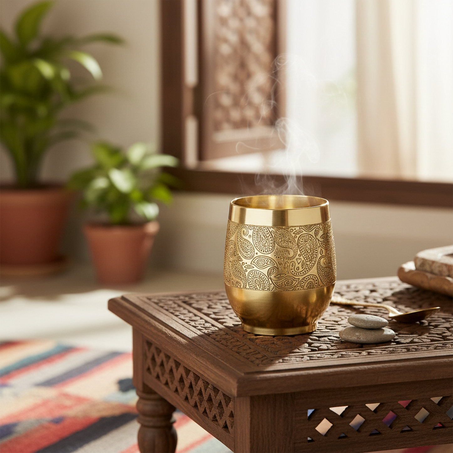 Traditional Handcrafted Brass Etched Glass with Embossed Design-Brass Glass (1)