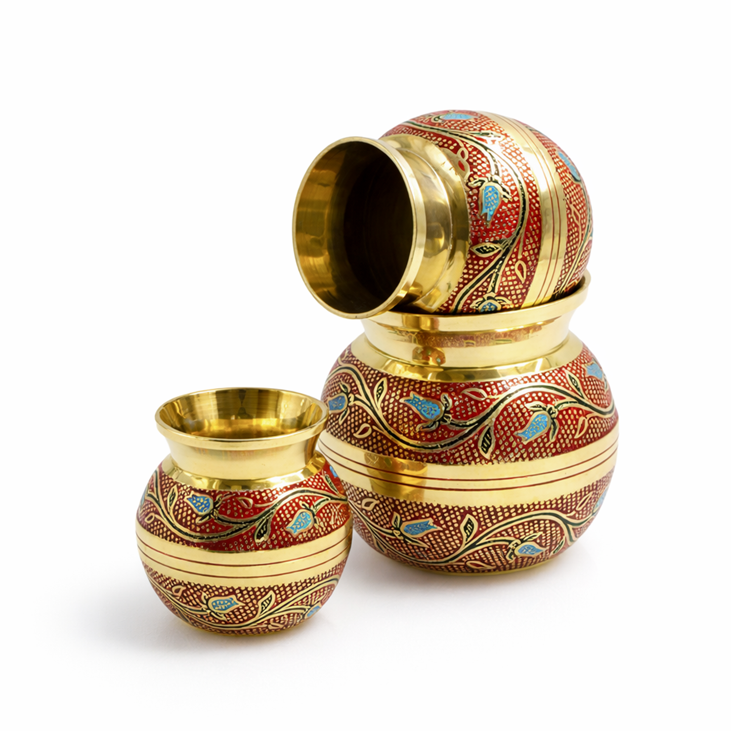 Putrika brass Kudam set of 3-Embossed Kalash (Red)