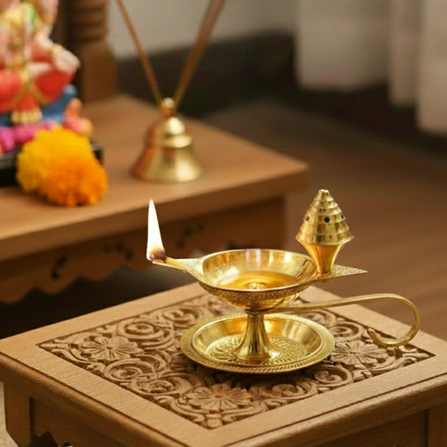 Brass Diya Deepak Deepam with Plate & Incense Holder-97g