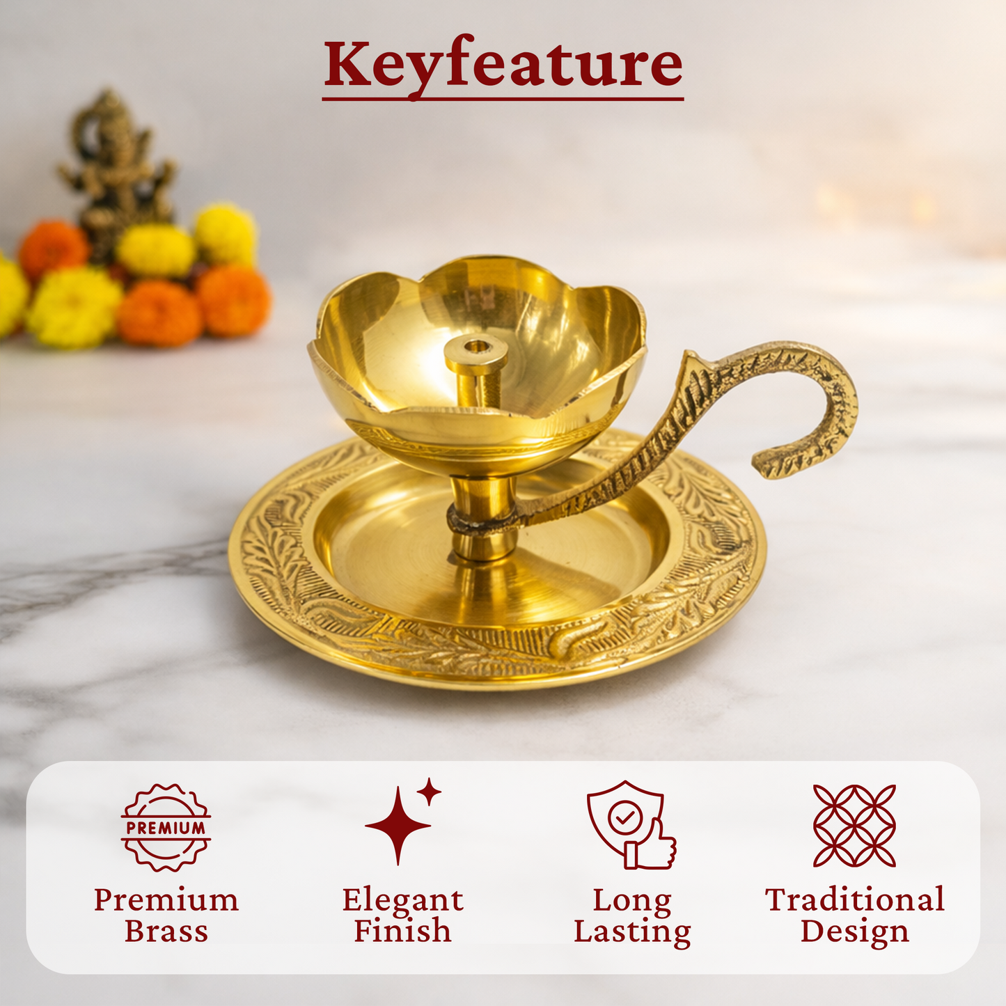 Brass Diya Deepam with Plate & Handle-[Wt: 130g]