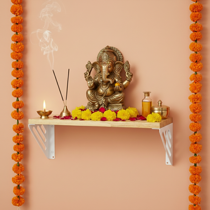 Wooden Pooja Shelf-Lines Brackets White (Lakdi Puja Shelf )