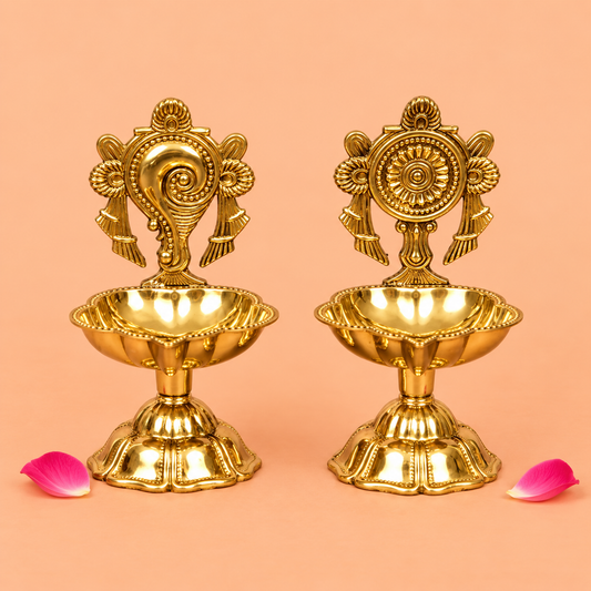 Brass Shanku Chakra Star Diya Set (Pital Conch Chakra Nakshatra Set)