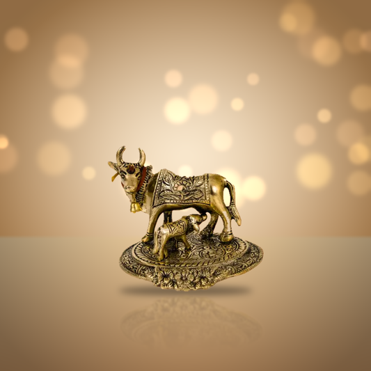 Oxidised Gold Finished Kamadhenu Cow with Calf (Pital Gau Mata / Wish Fulfilling Cow)