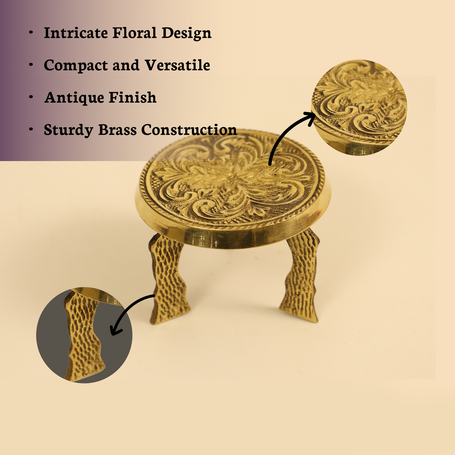 Brass mini chowki/ mukali with floral design