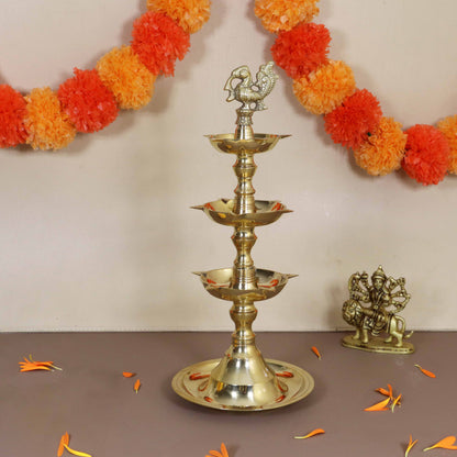 Brass Triple Step Peacock Diya (Pital Teen Sidhi Mor Deepak)