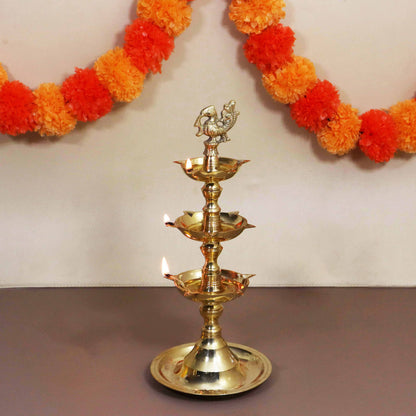 Brass Triple Step Peacock Diya (Pital Teen Sidhi Mor Deepak)